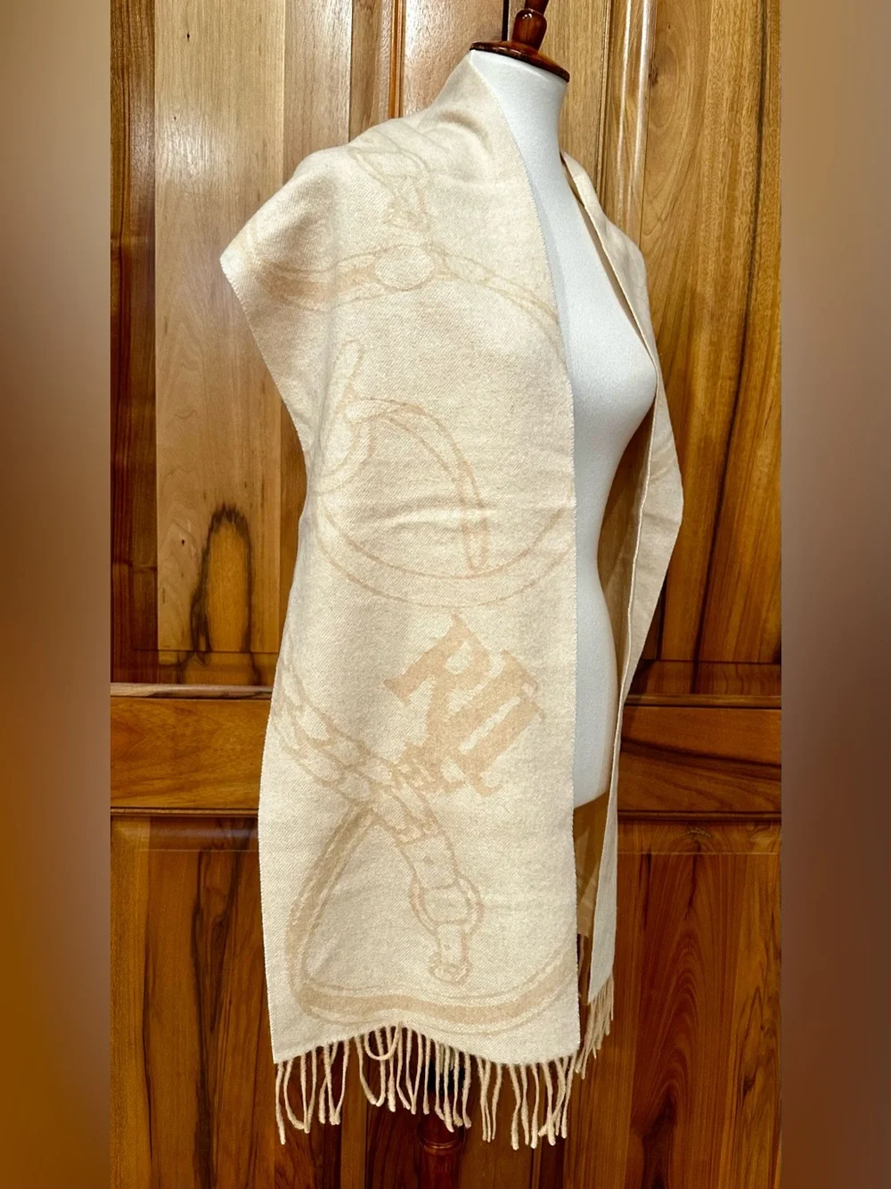 Ralph Lauren Pure Wool, Cream & Camel Fringed Equestrian Belting-Motif Scarf EUC